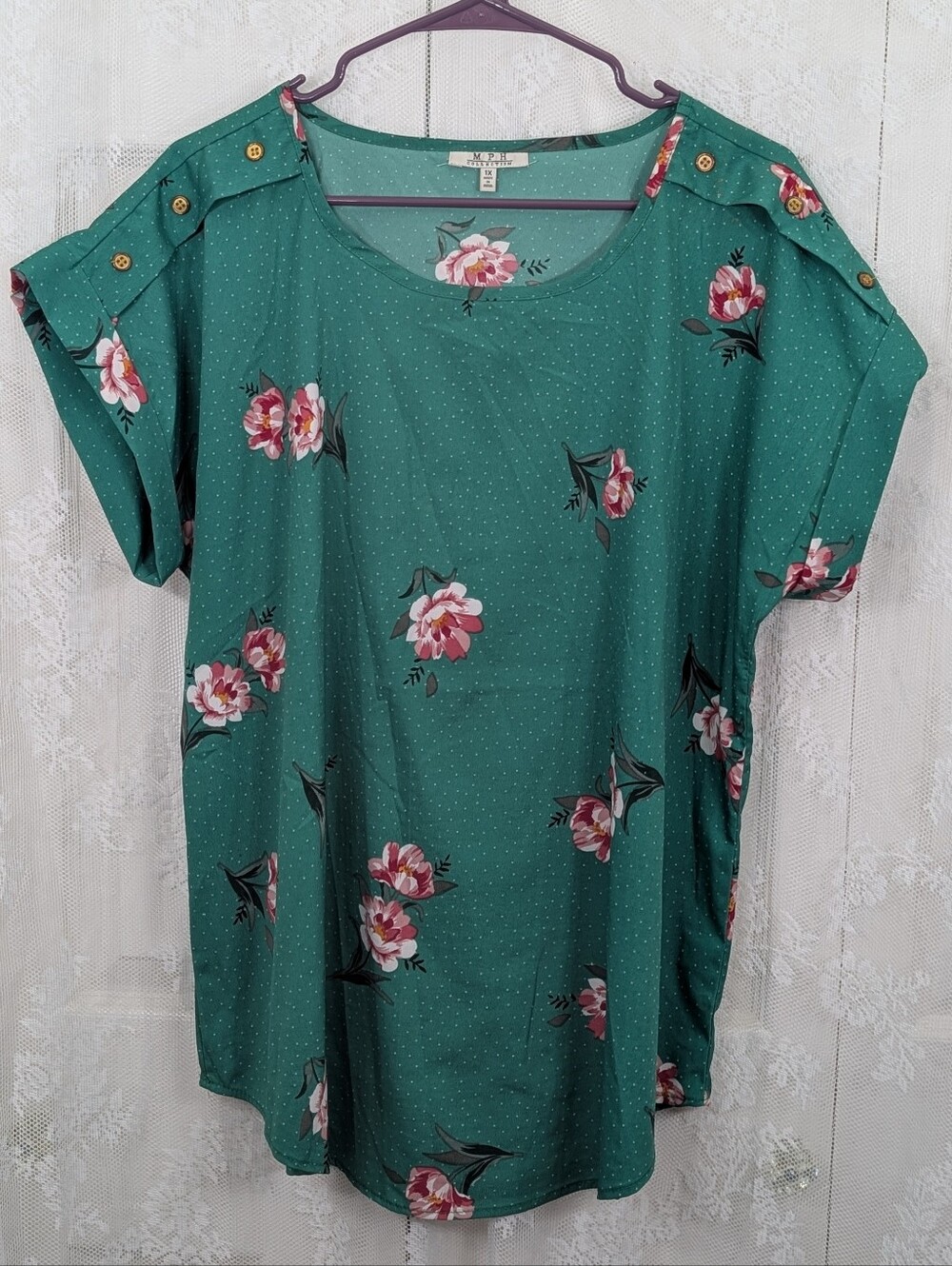 MPH: Floral Blouse - Green/Pink - Size 1X
